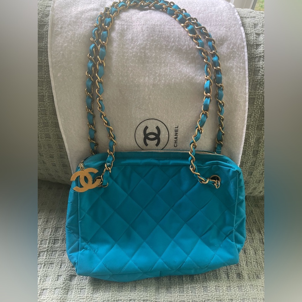 Chanel Teal Nylon Quilted Chain Shoulder Bag